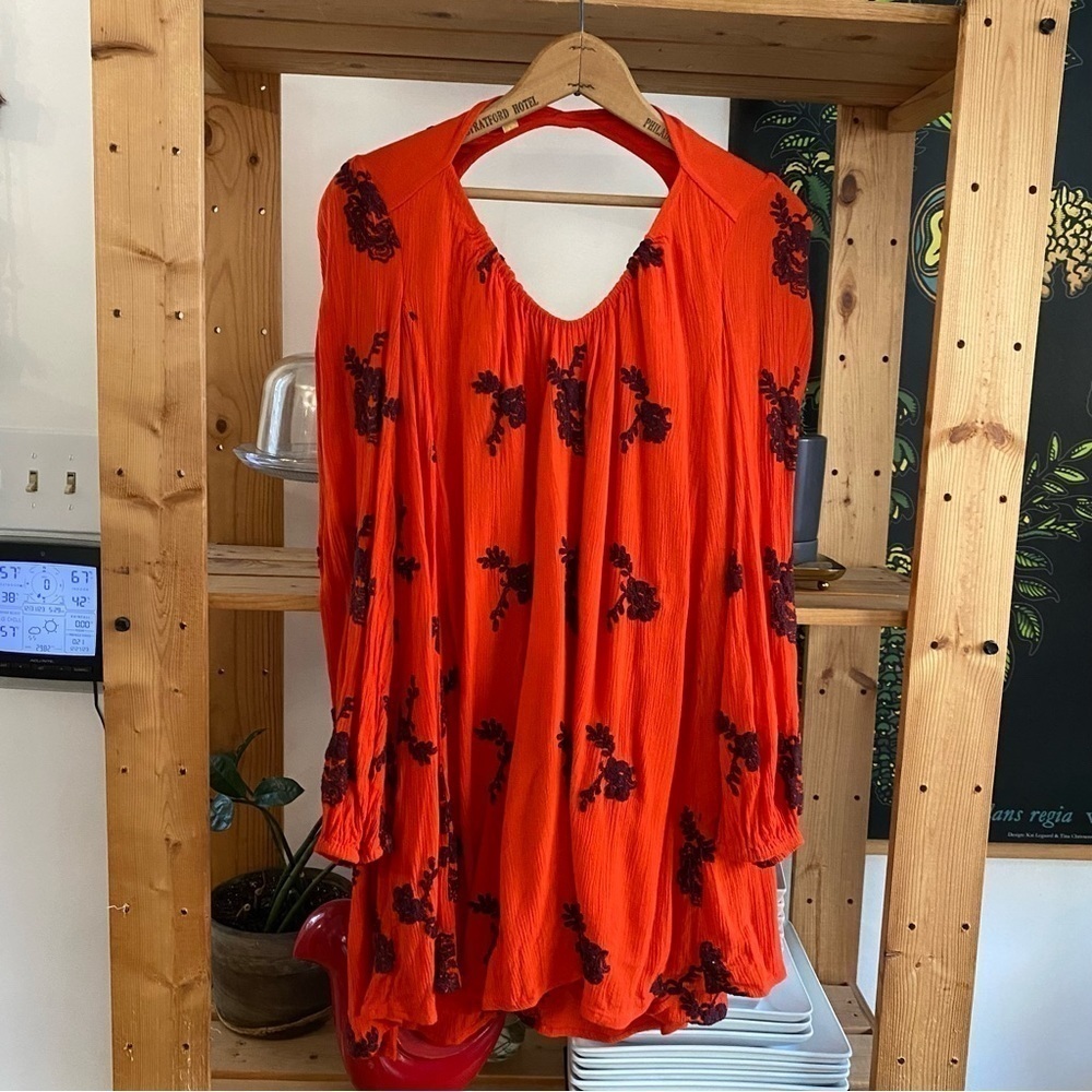Free People Red Embroidered Austin V-neck Long Sleeve Mini Dress XS - Picture 4 of 15